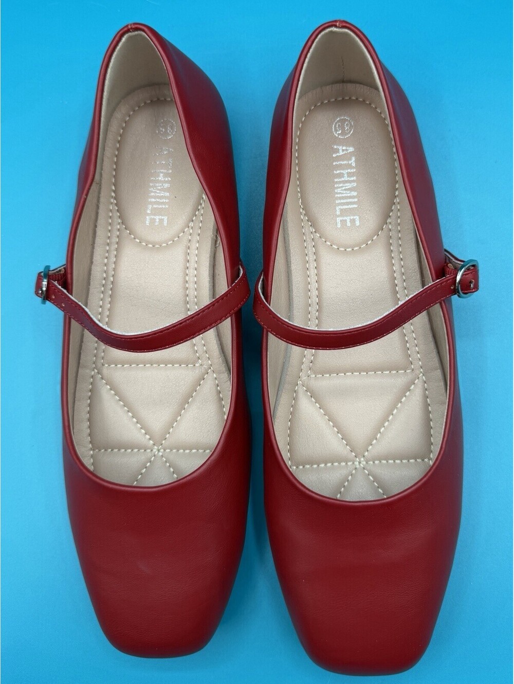 ATHMILE Red Mary Jane Shoes Women’s Ballet Flats Classic Square Toe New Size 8.5